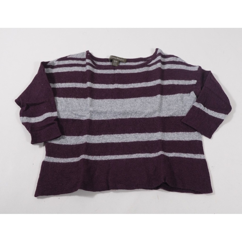 Tommy Bahama Sweater Women M Purple Striped 3/4 Sleeve Crop Boat Neck Wool Blend